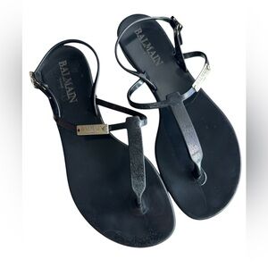 Balmain Black Jelly T-Strap Sandals with Metallic Accent size 38